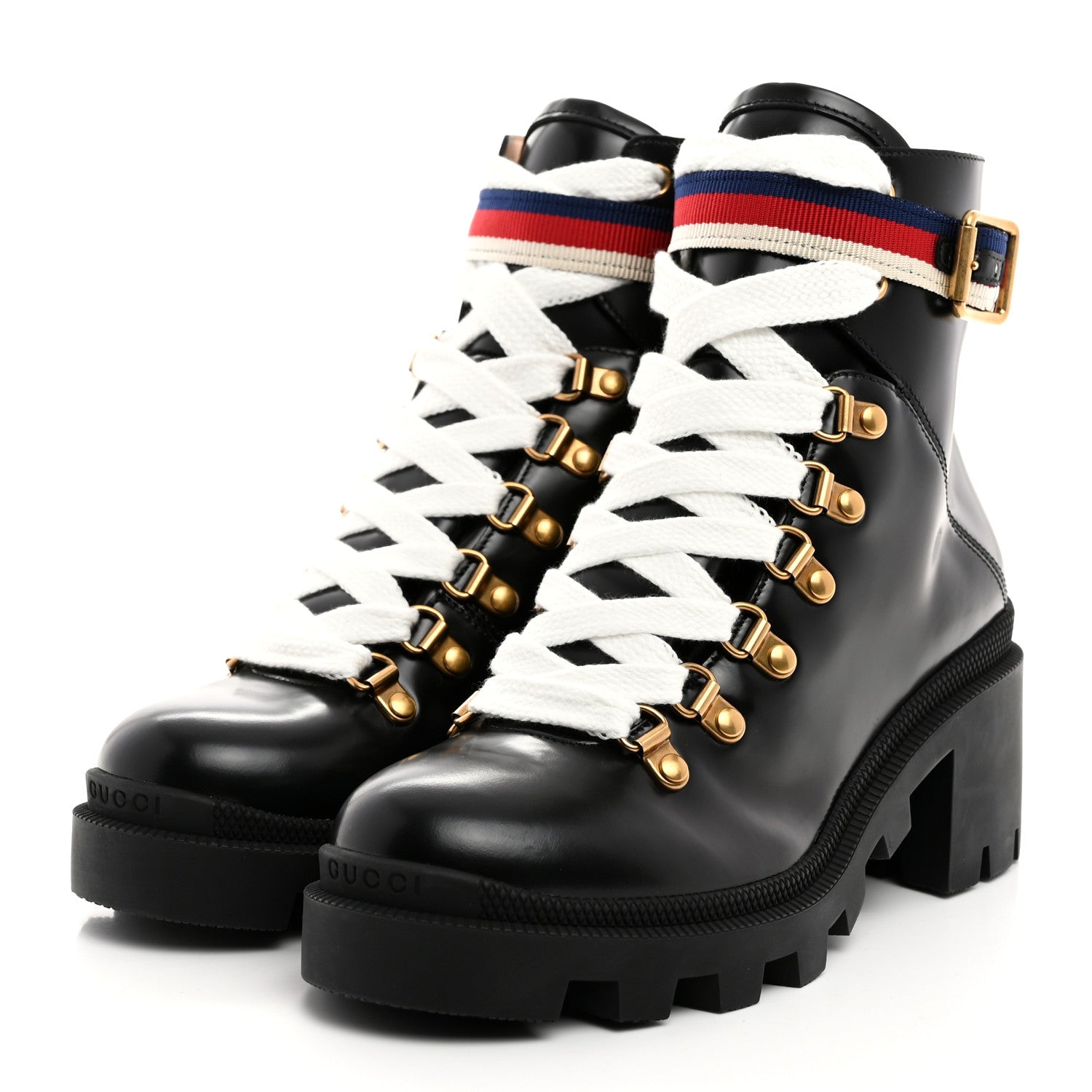 Gucci Calfskin Sylvie Web Womens Lace Up Combat Boots 35.5 Black 3 of 8