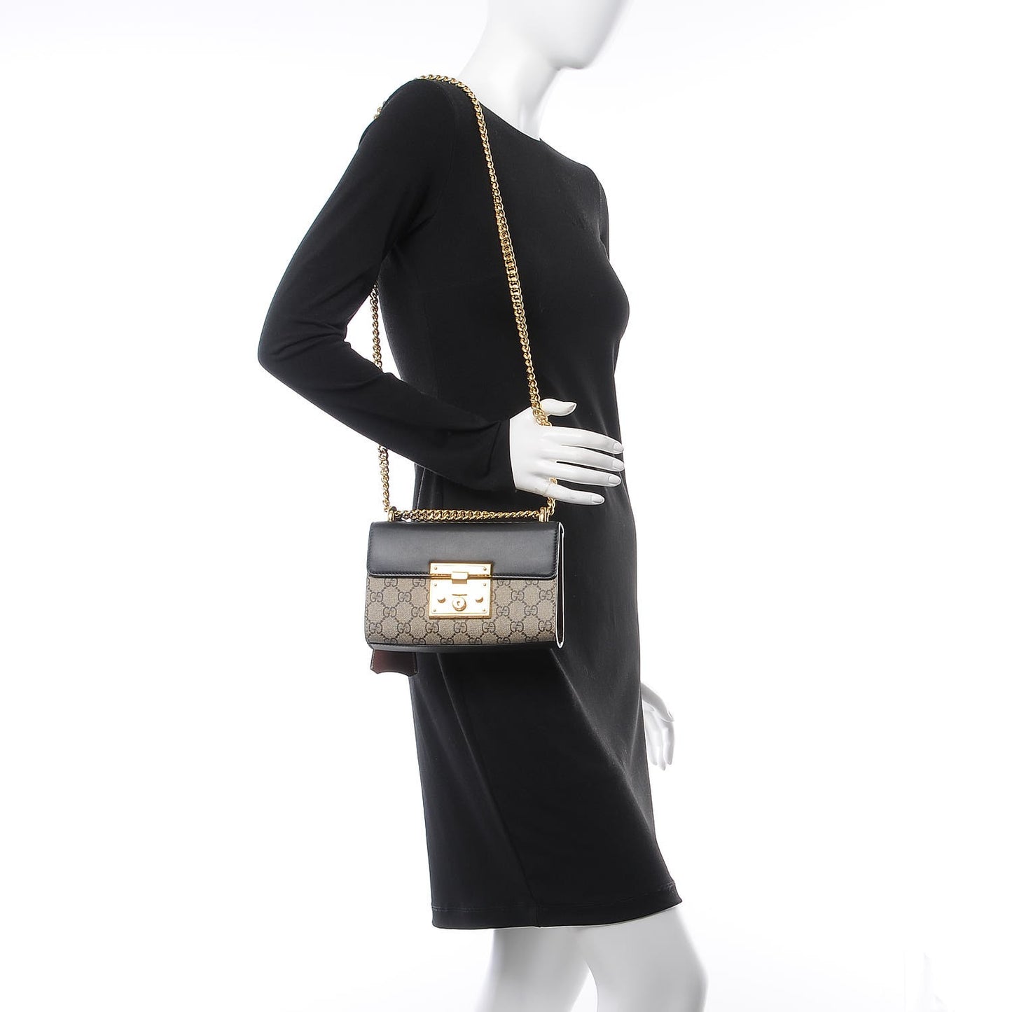 GG Supreme Monogram Calfskin Small Padlock Shoulder Bag Beige Black Cuir