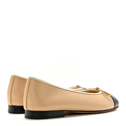 Chanel Lambskin Cap Toe CC Ballerina Flats 37.5 Beige Black 4 of 12