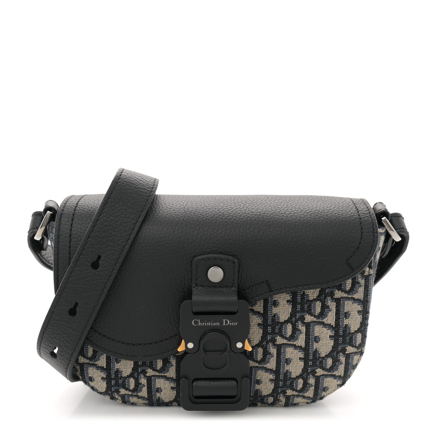 Christian Dior Grained Calfskin Oblique Mini Saddle Messenger Bag With Flap Beige Black 1 of 11