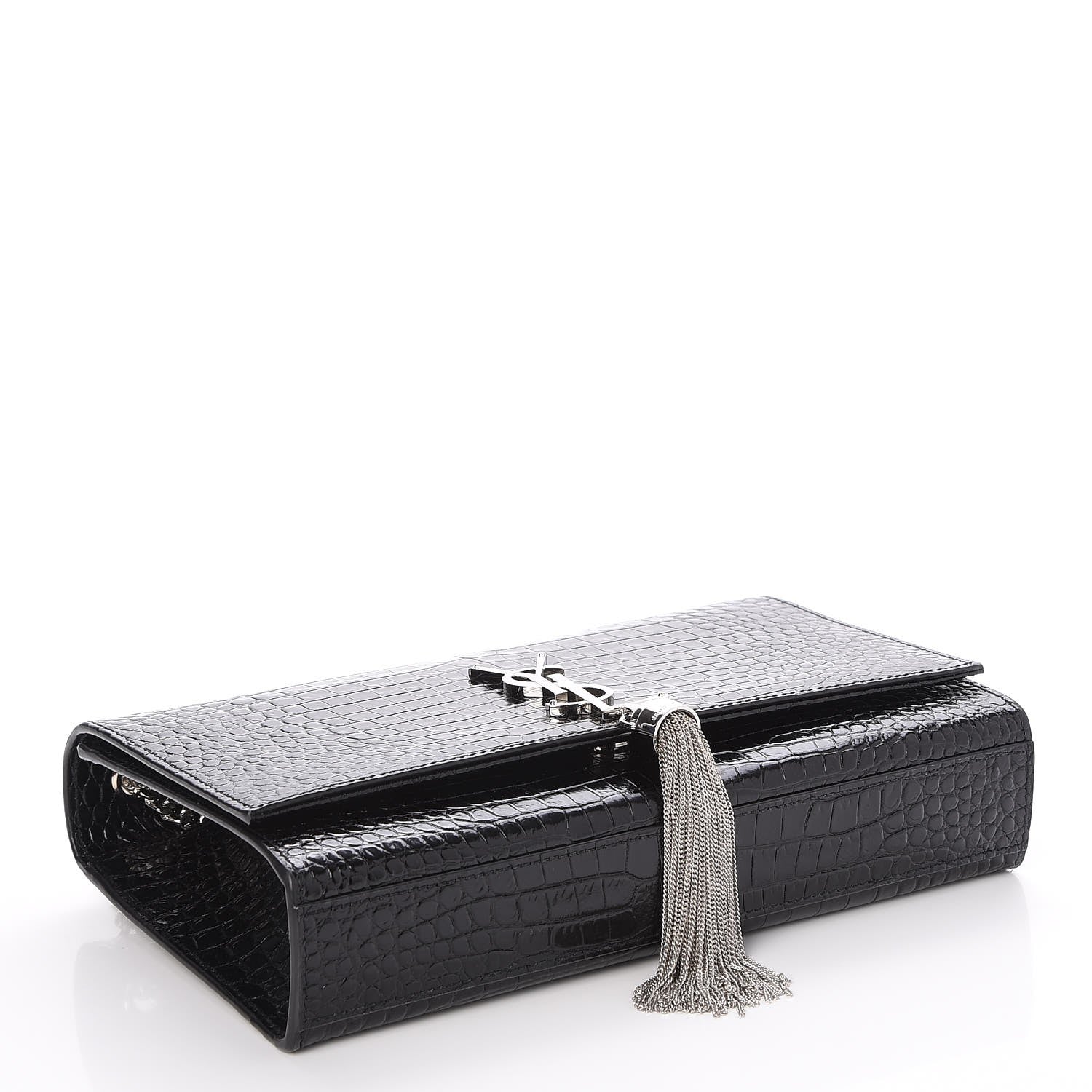 Saint Laurent Calfskin Crocodile Embossed Medium Classic Monogram Kate Tassel Satchel Black 4 of 7