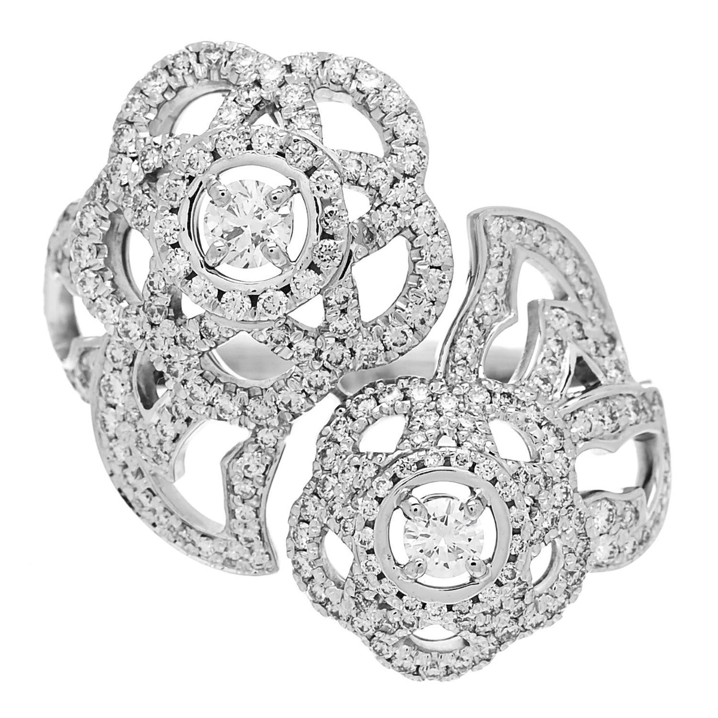 18K White Gold Diamond Camelia Two Flower Ring 51 5.75