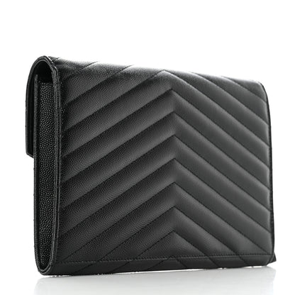 Saint Laurent Grain De Poudre Matelasse Chevron Monogram Envelope Clutch Black 3 of 7