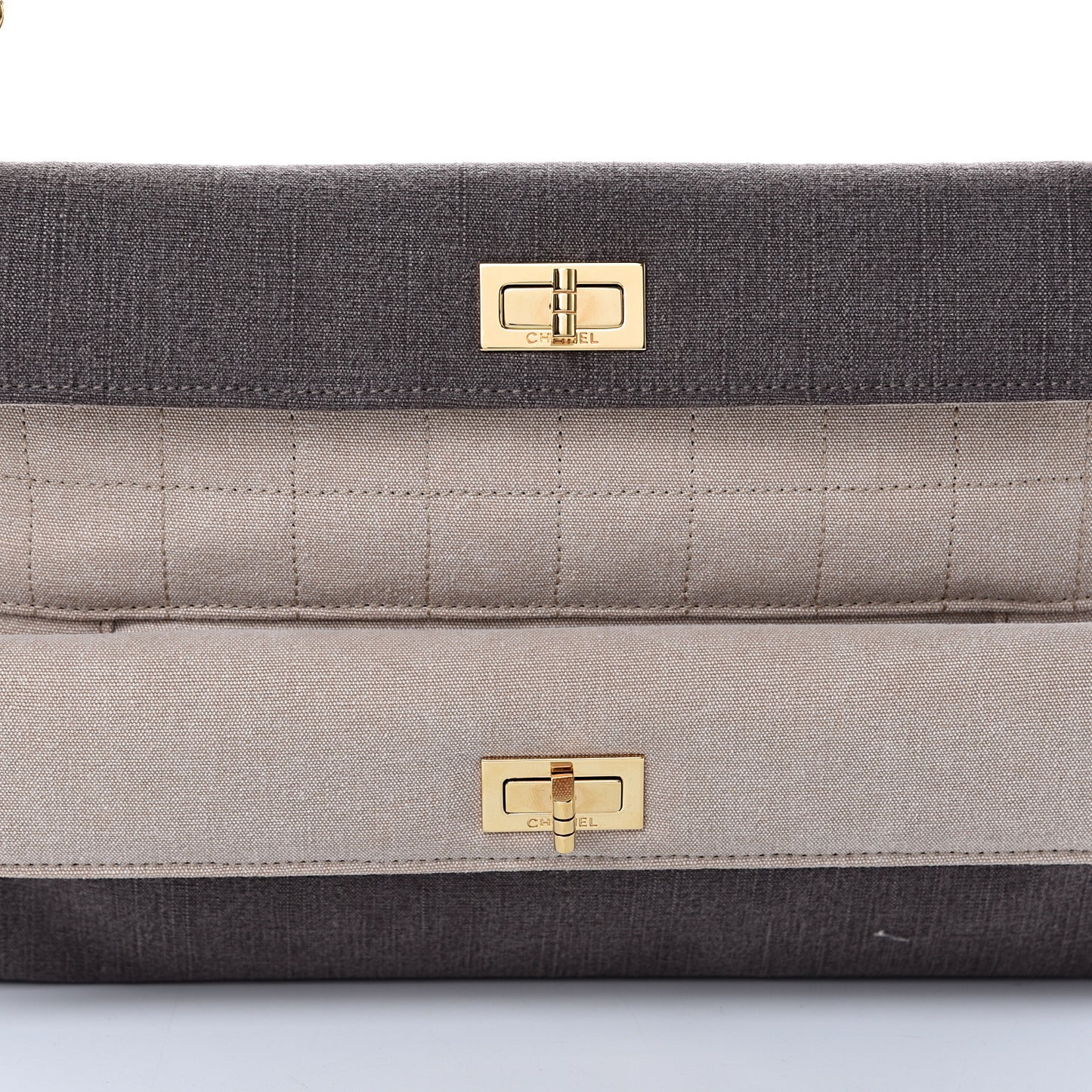 Canvas Chocolate Bar Mademoiselle Double Flap Clutch Beige Brown