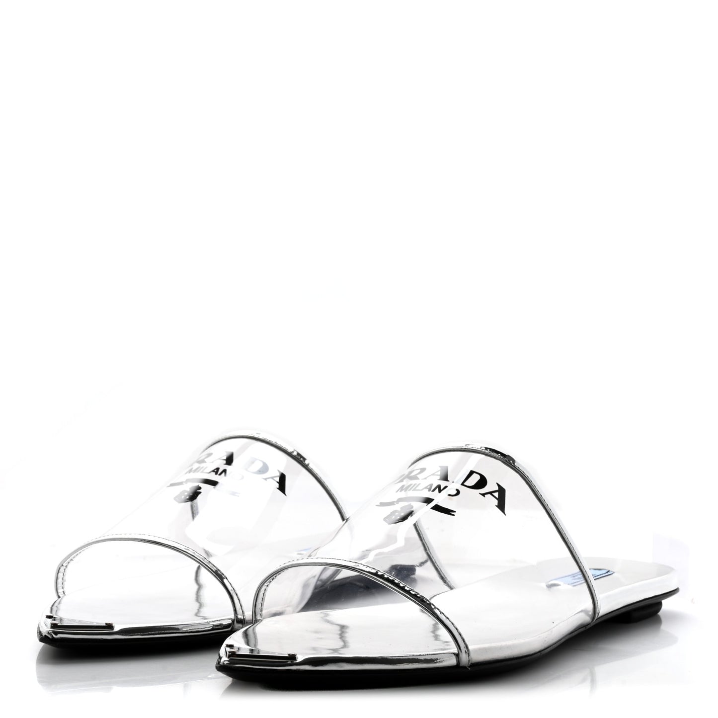 Plexiglass Metallic Calfskin Metal Triangle Logo Ciabatte Flat Slide Sandals 40 Argento