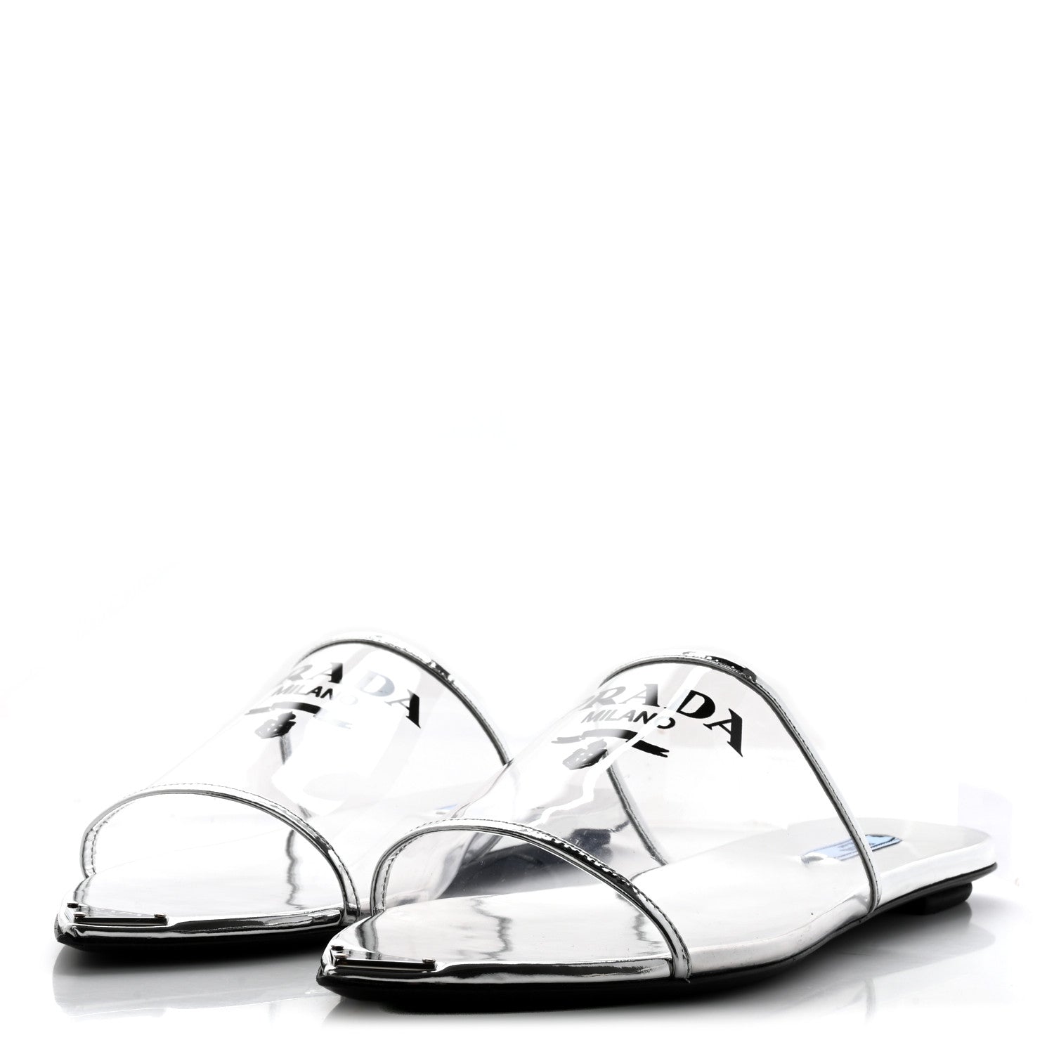 Prada Plexiglass Metallic Calfskin Metal Triangle Logo Ciabatte Flat Slide Sandals 40 Argento 3 of 12