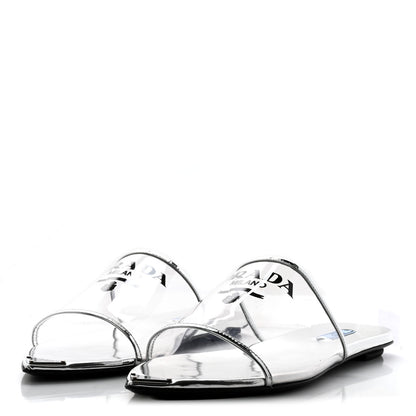 Prada Plexiglass Metallic Calfskin Metal Triangle Logo Ciabatte Flat Slide Sandals 40 Argento 3 of 12
