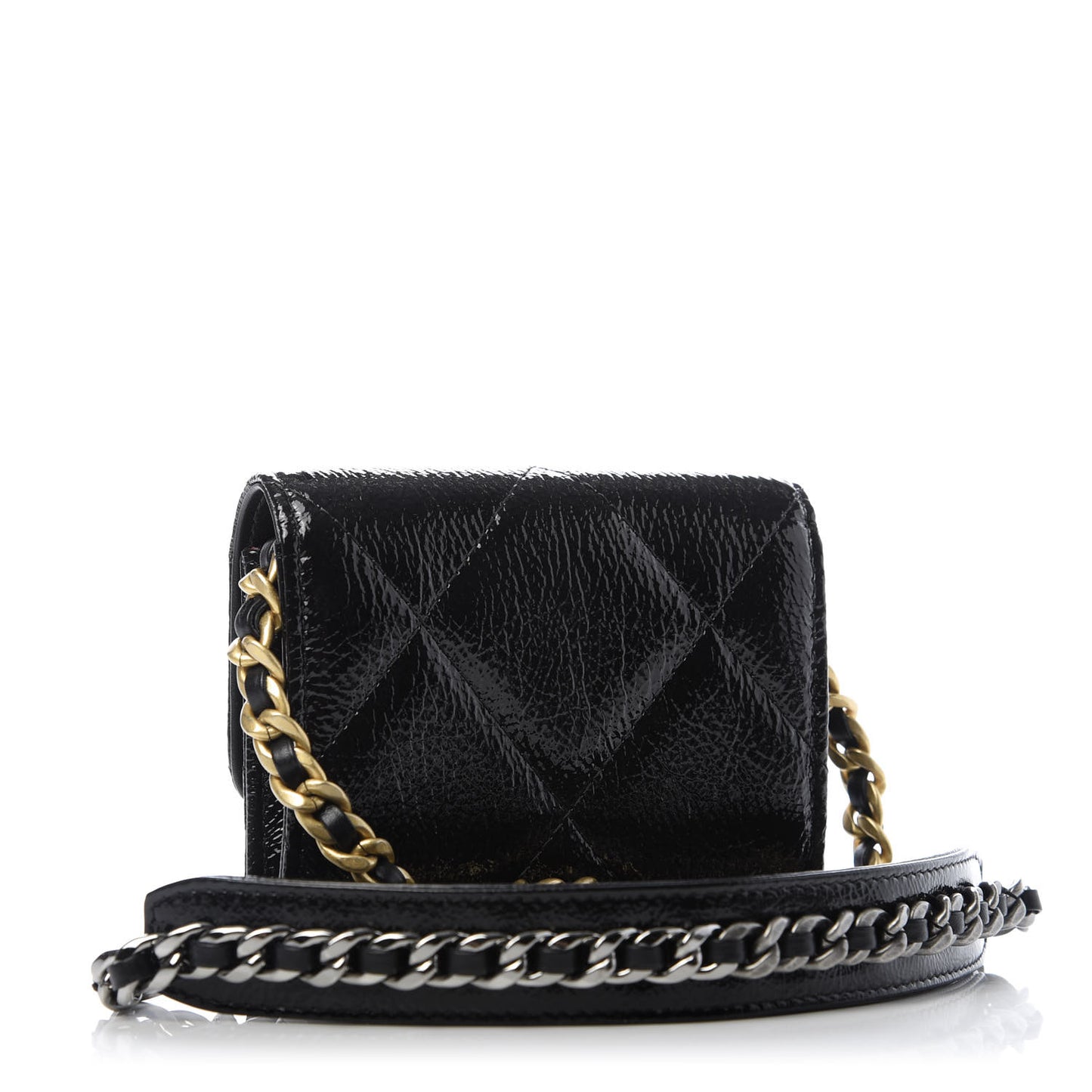 Shiny Crumpled Calfskin Quilted Chanel 19 Flap Coin Purse With Chain Black