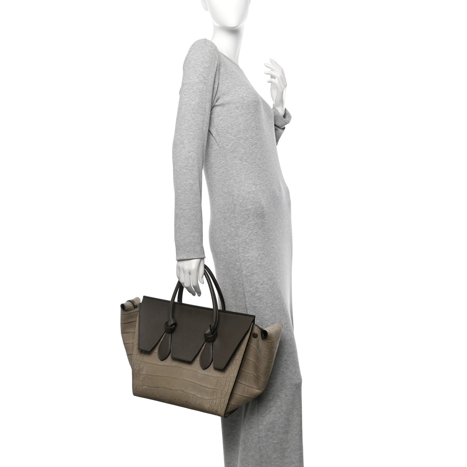 Celine Crocodile Embossed Nubuck Calfskin Small Tie Knot Tote Grey 2 of 9
