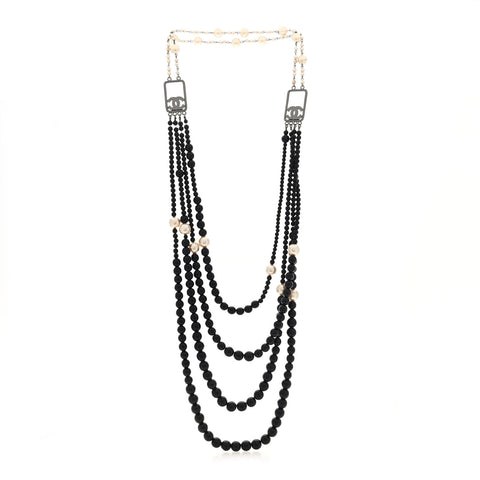 Ruthenium Resin Graduated Beaded Pearl CC Multi Strand Long Necklace Black