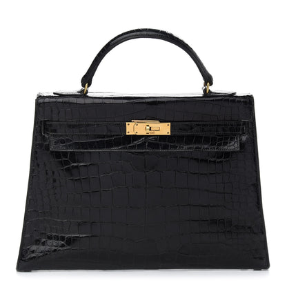 Hermes Shiny Porosus Crocodile Kelly Sellier 32 Black 1 of 12