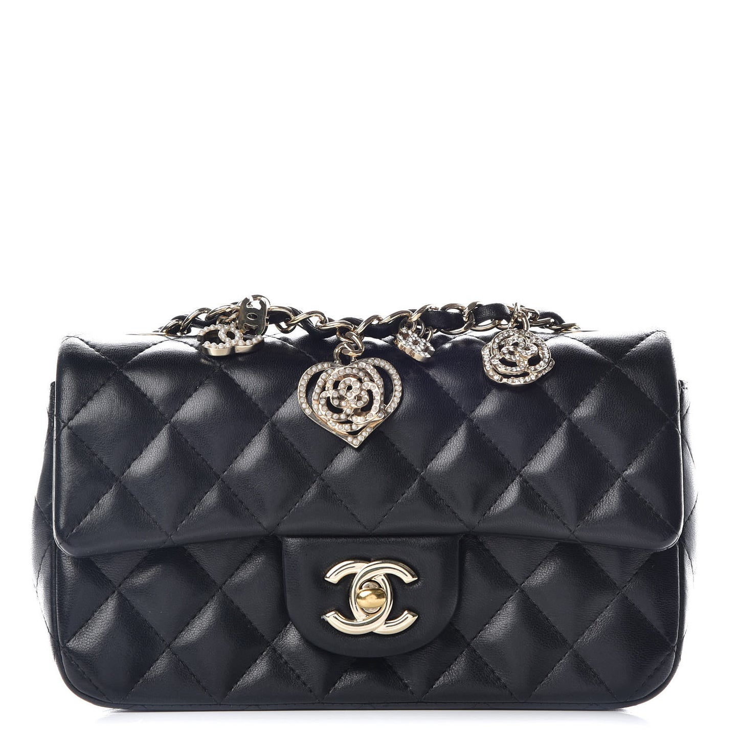 Lambskin Quilted Valentine Charms Mini Rectangular Flap Black