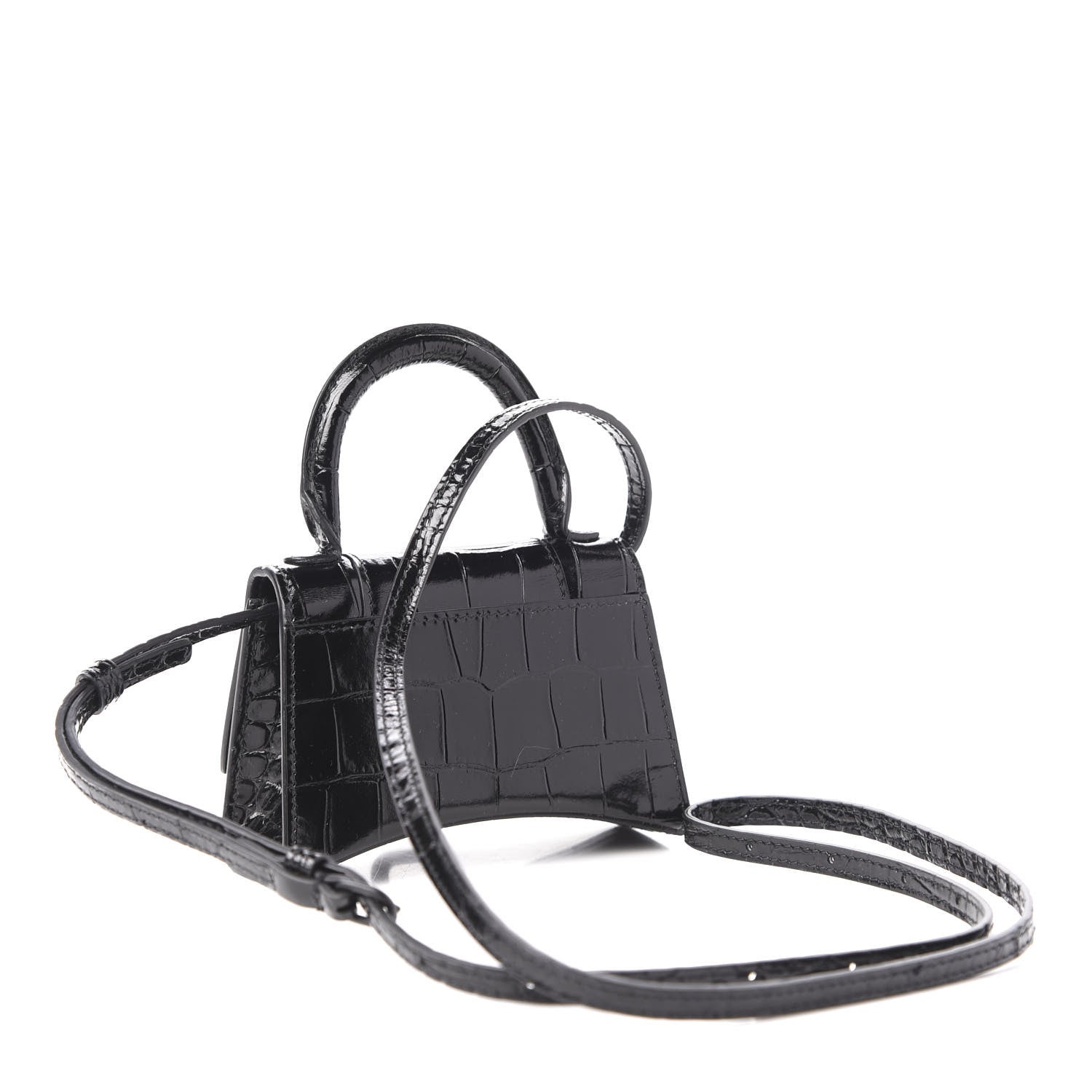 Balenciaga Shiny Calfskin Monochrome Crocodile Embossed Hourglass Top Handle Bag Mini Black 3 of 9