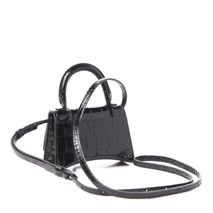 Balenciaga Shiny Calfskin Monochrome Crocodile Embossed Hourglass Top Handle Bag Mini Black 3 of 9