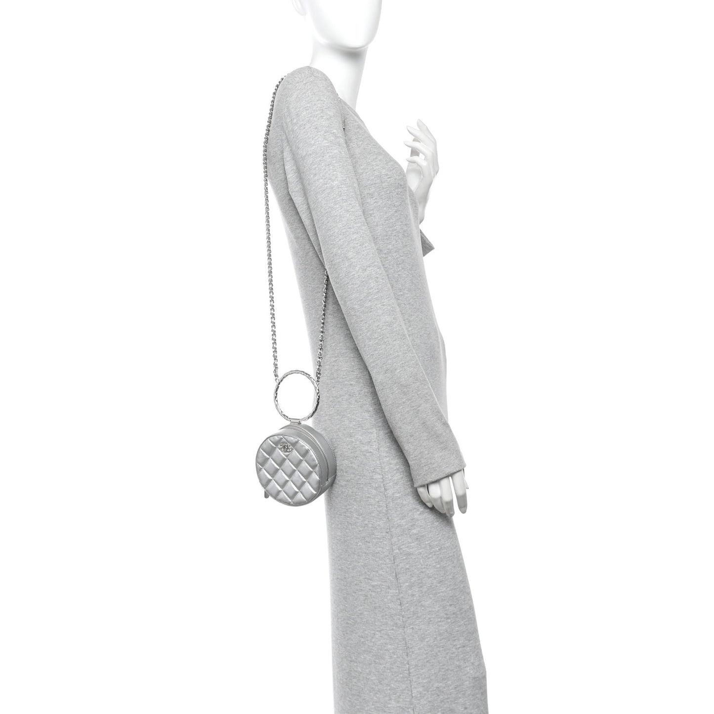 Metallic Calfskin Quilted Round Bracelet Clutch With Chain Silver