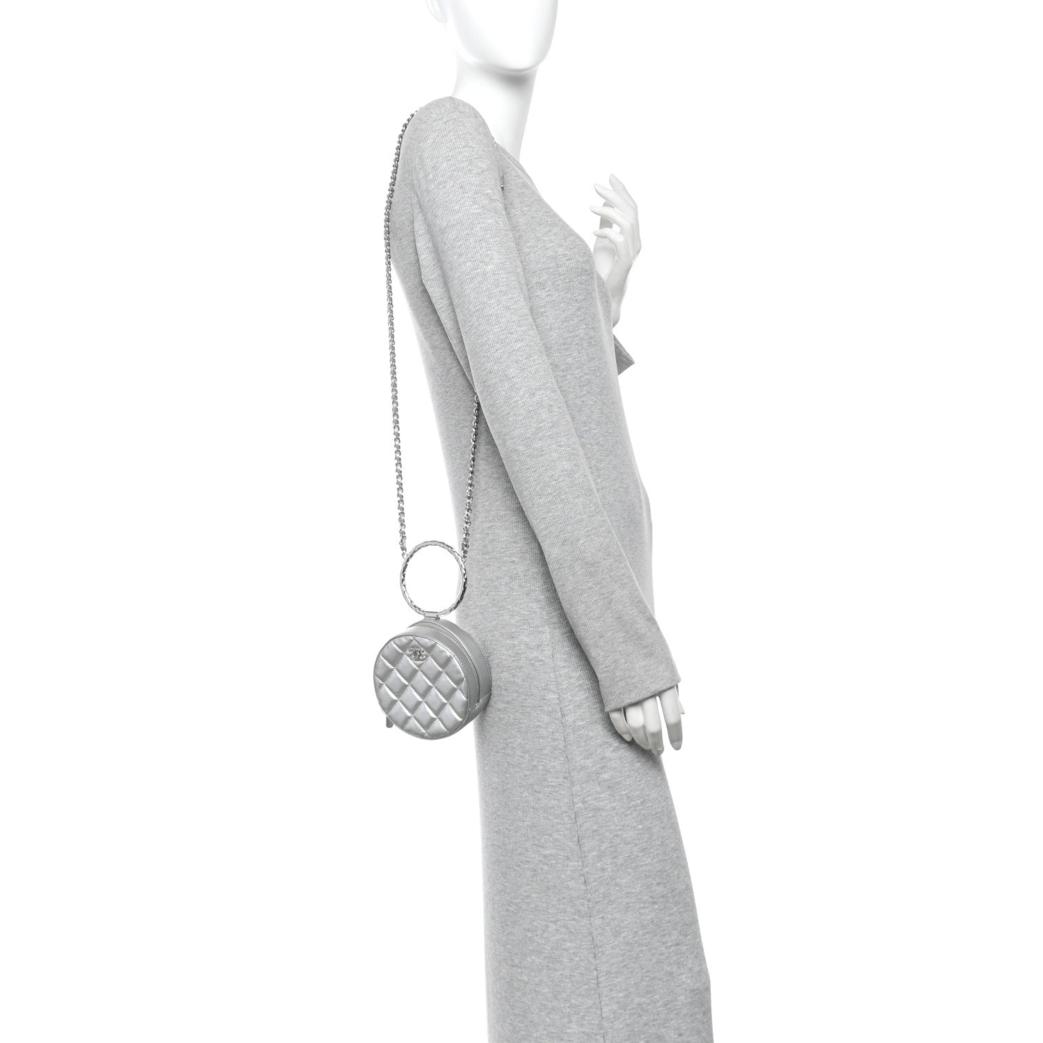 Chanel Metallic Calfskin Quilted Round Bracelet Clutch With Chain Silver 2 of 12