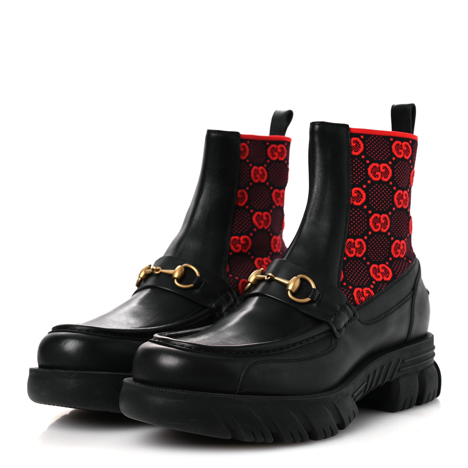Gucci Quebec Calfskin Technical Jersey Knit GG Monogram Mens Horsebit Ankle Boots 11.5 Black Light Hibiscus Red 4 of 12