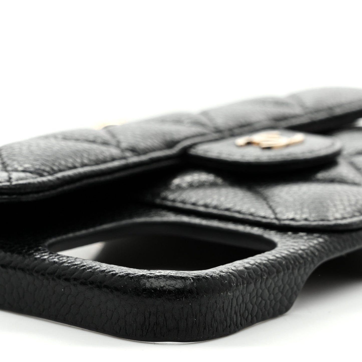Caviar Quilted Pearl Crush iPhone XII Pro Max Holder With Chain Black
