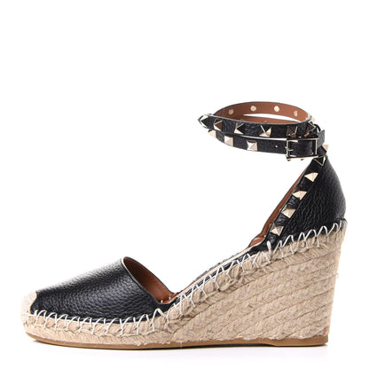 Valentino Garavani Grained Calfskin Rockstud Ankle Wrap Espadrille 15/85mm Wedges 37 Black Light Cuir 1 of 10