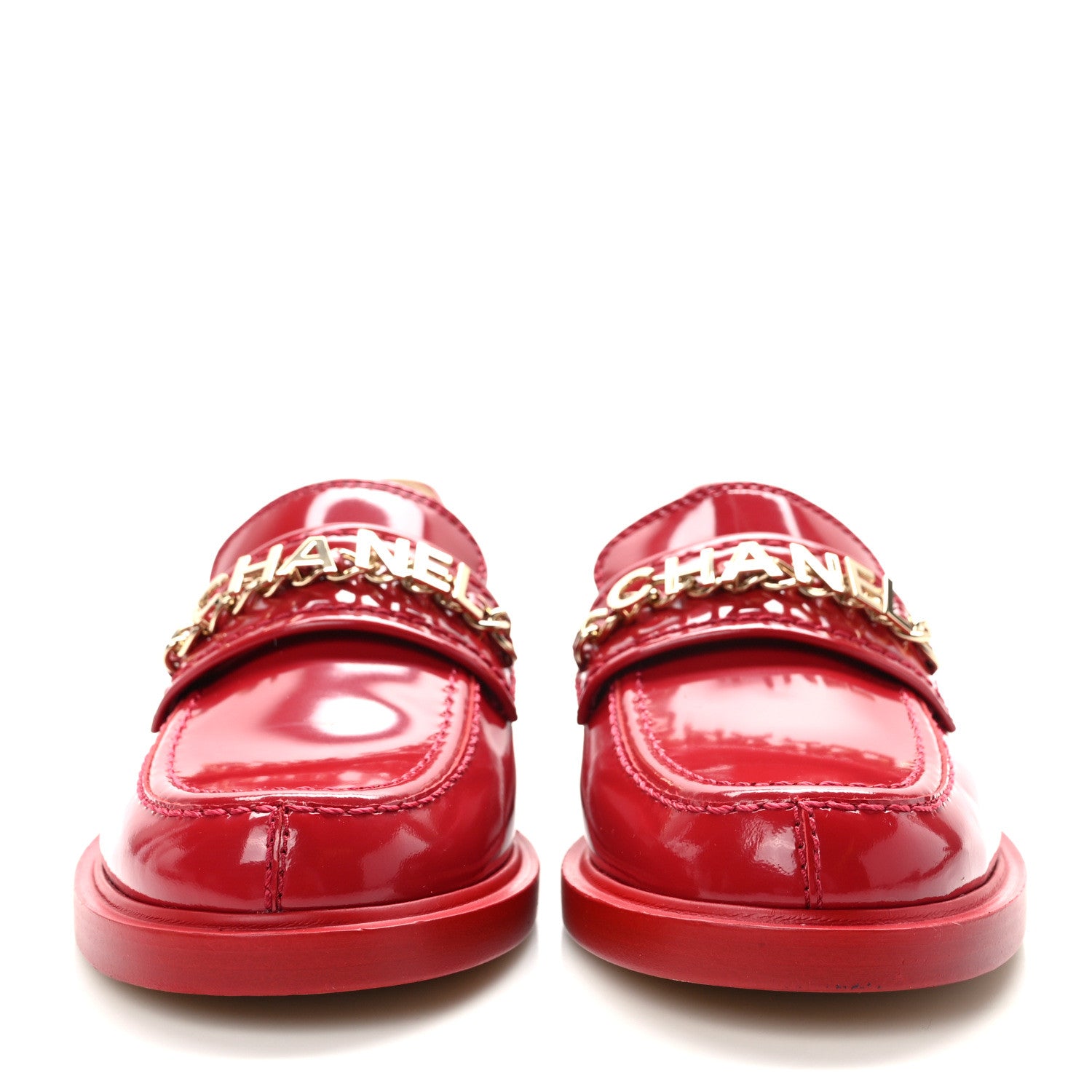 Chanel Shiny Calfskin Logo Loafers 35.5 Red 2 of 10