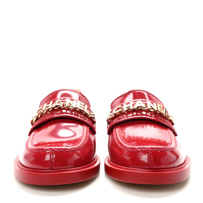 Chanel Shiny Calfskin Logo Loafers 35.5 Red 2 of 10