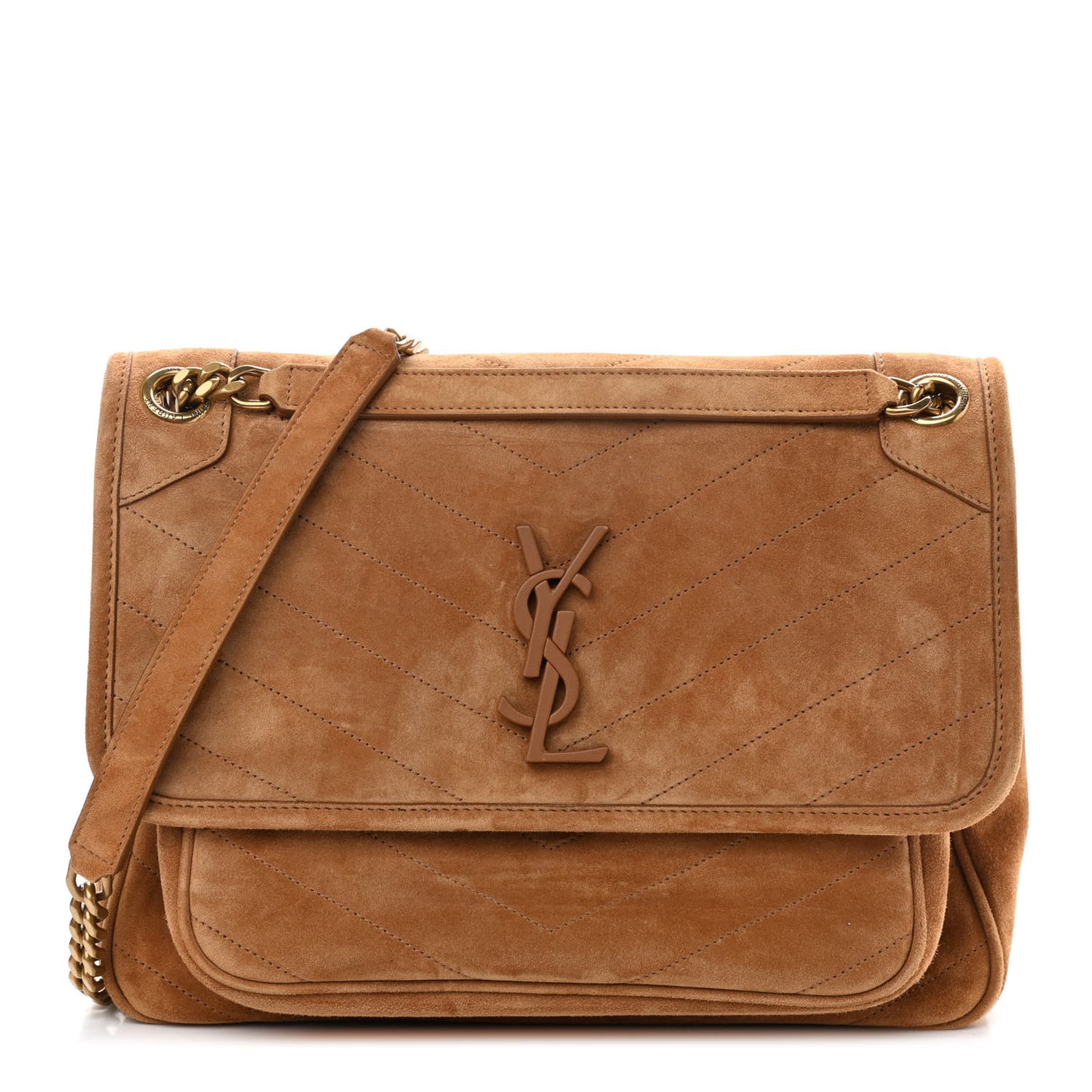 Suede Monogram Medium Niki Chain Satchel Cinnamon