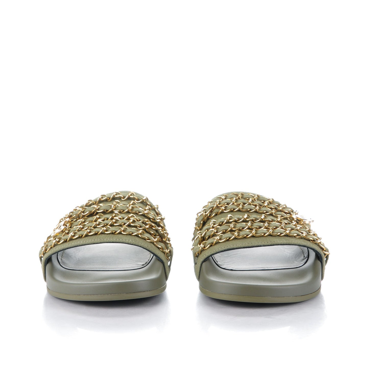 Lambskin Canvas Chain Flat Sandals 37 Green