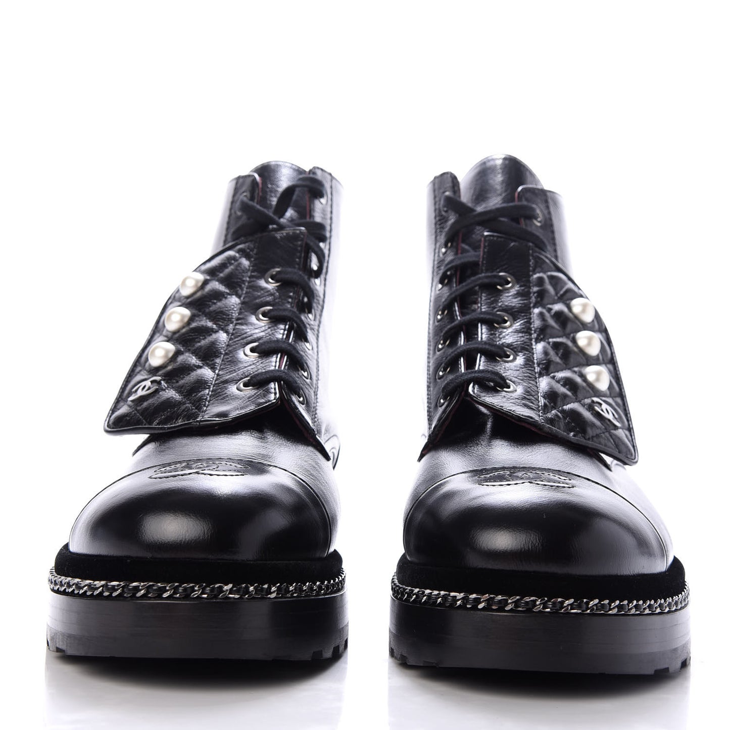Crackled Calfskin Velvet Pearl Combat Short Boots 42 Black