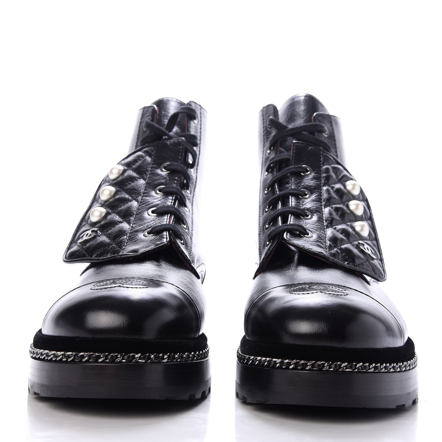 Chanel Crackled Calfskin Velvet Pearl Combat Short Boots 42 Black 2 of 10