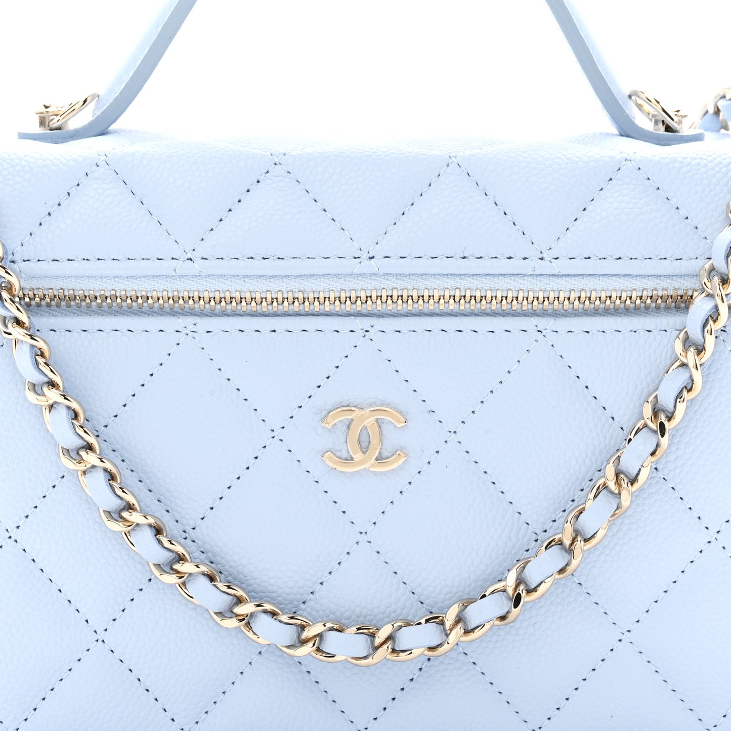 Caviar Quilted Top Handle Slim Vanity With Chain Light Blue