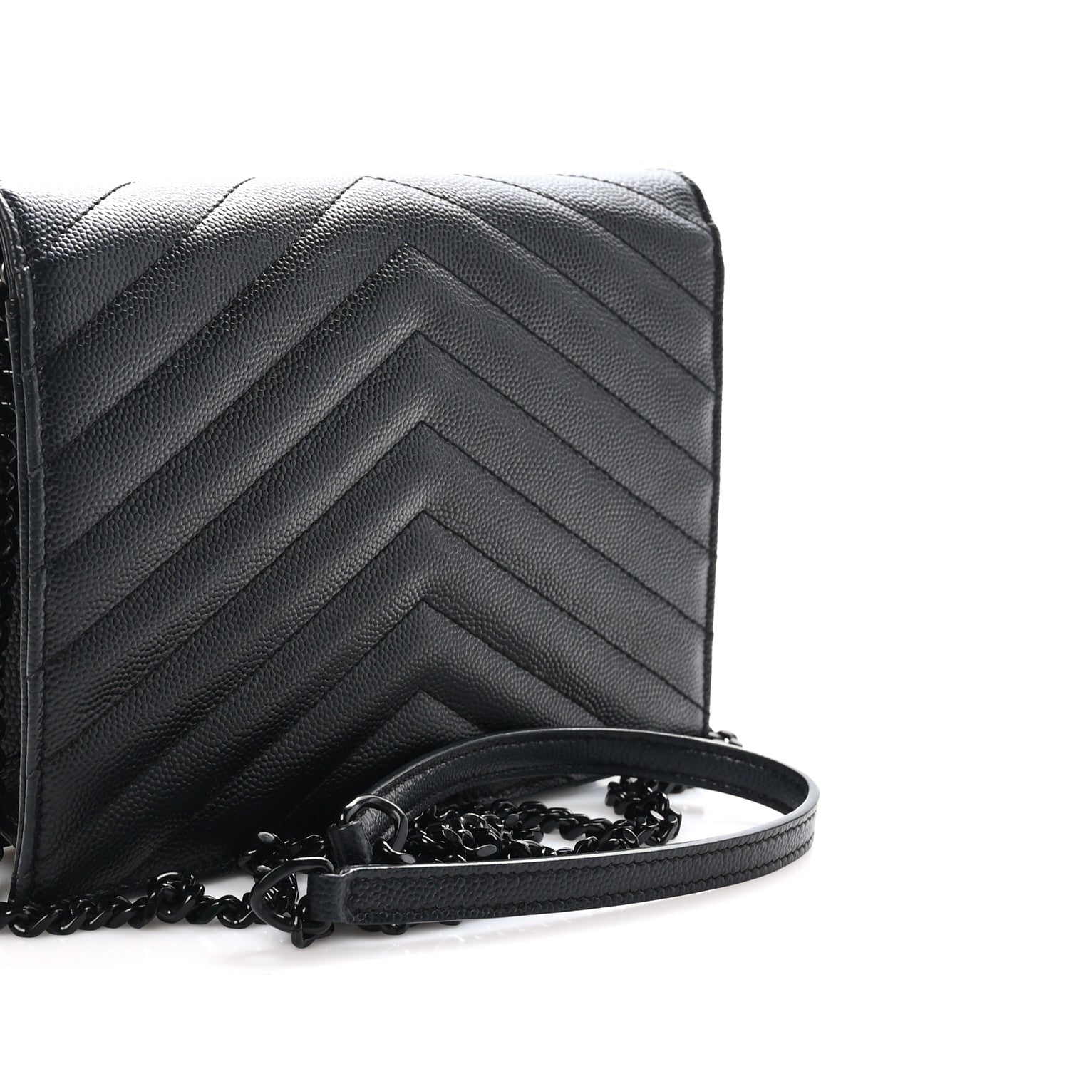 Saint Laurent Grain De Poudre Matelasse Chevron Monogram Monochrome Envelope Chain Wallet Black 3 of 9