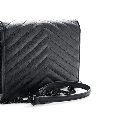 Saint Laurent Grain De Poudre Matelasse Chevron Monogram Monochrome Envelope Chain Wallet Black 3 of 9