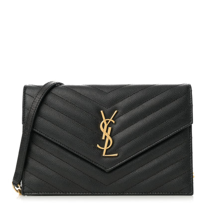 Saint Laurent Grain De Poudre Matelasse Chevron Monogram Envelope Chain Wallet Black 1 of 14