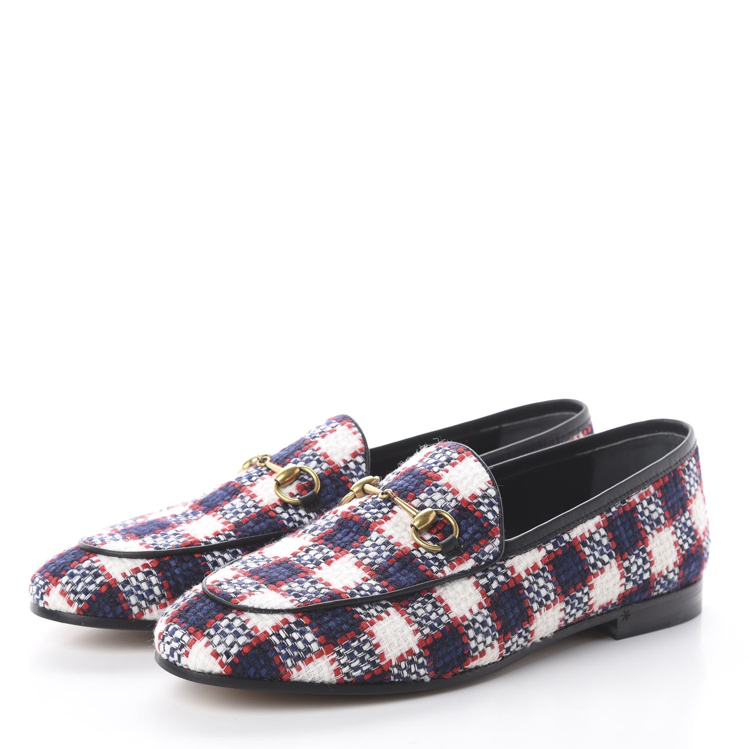 Gucci Vintage Tweed Check Horsebit Womens Jordaan Loafers 39 White Hibiscus Red Marine 3 of 7