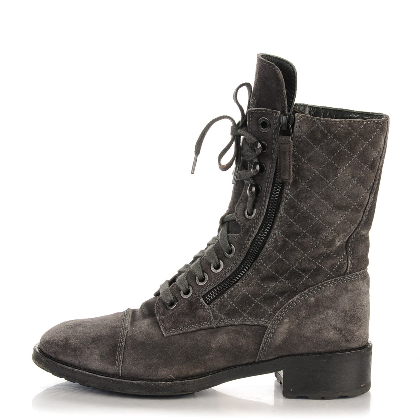 Suede Calfskin Quilted Combat Boots 39.5 Grey
