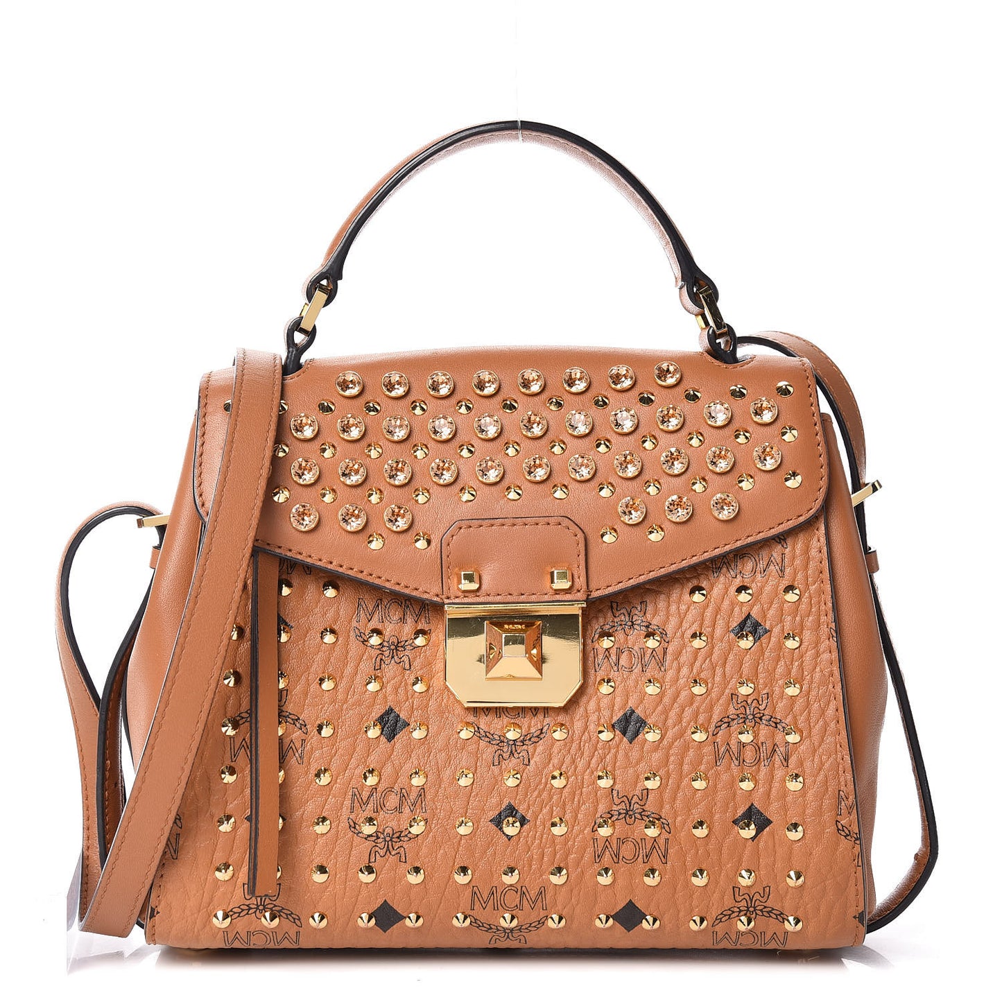 Visetos Swarovski Crystal Studded Satchel Cognac