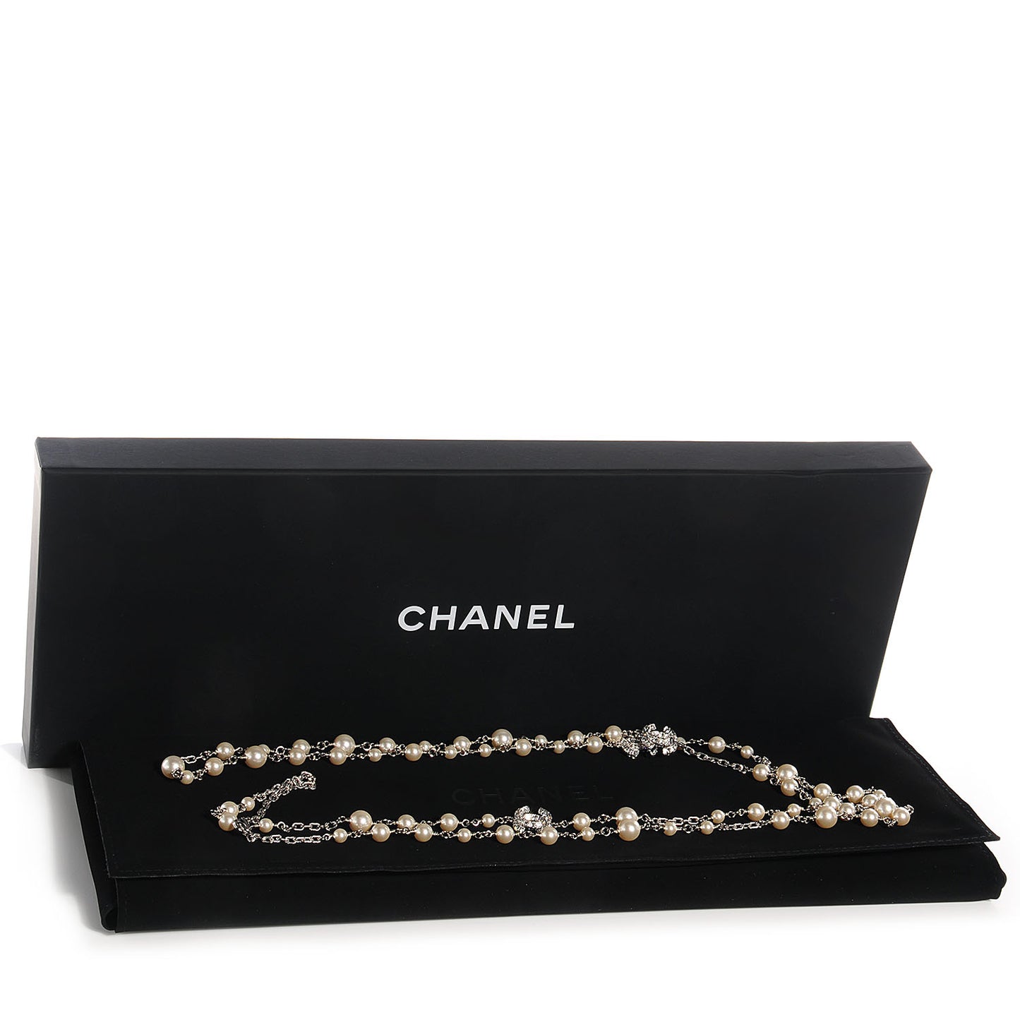 Crystal Pearl CC Long Necklace Silver