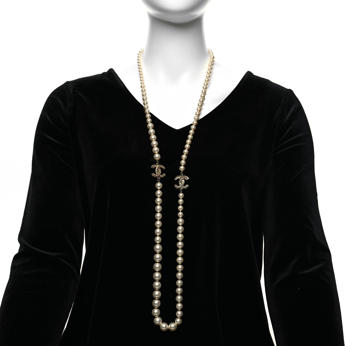 Graduated Pearl Crystal CC Long Necklace White