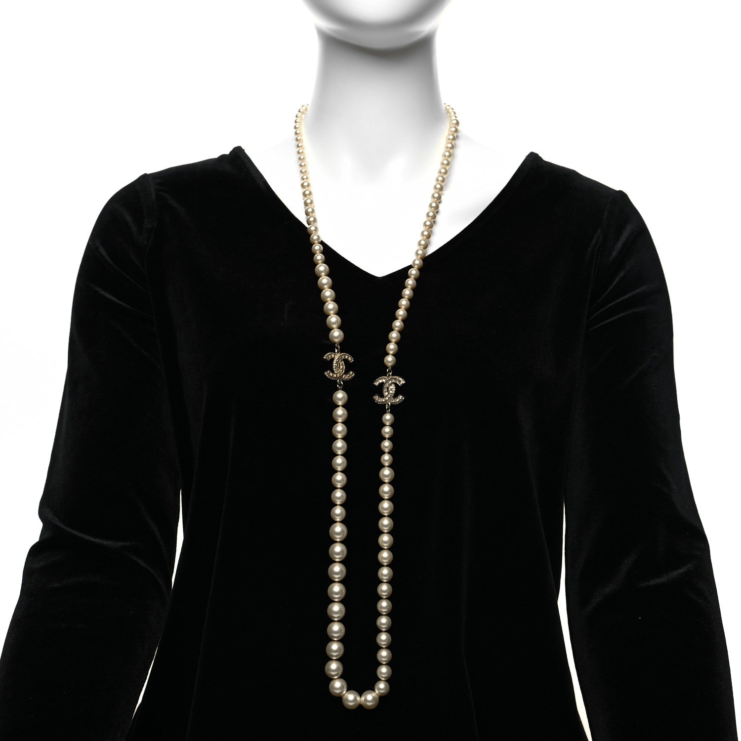 Chanel Graduated Pearl Crystal CC Long Necklace White 2 of 6