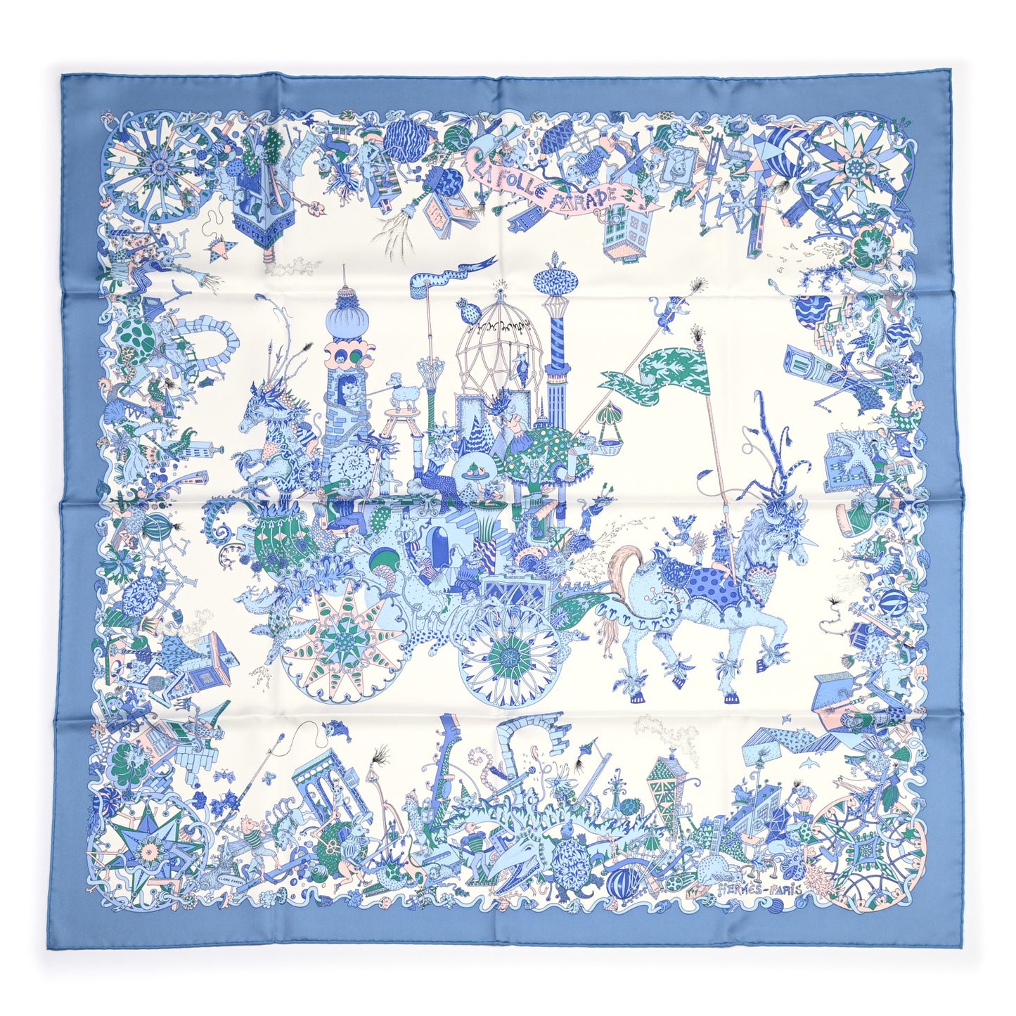 Silk Twill La Folle Parade Scarf 90 Bleu Jean White Rose