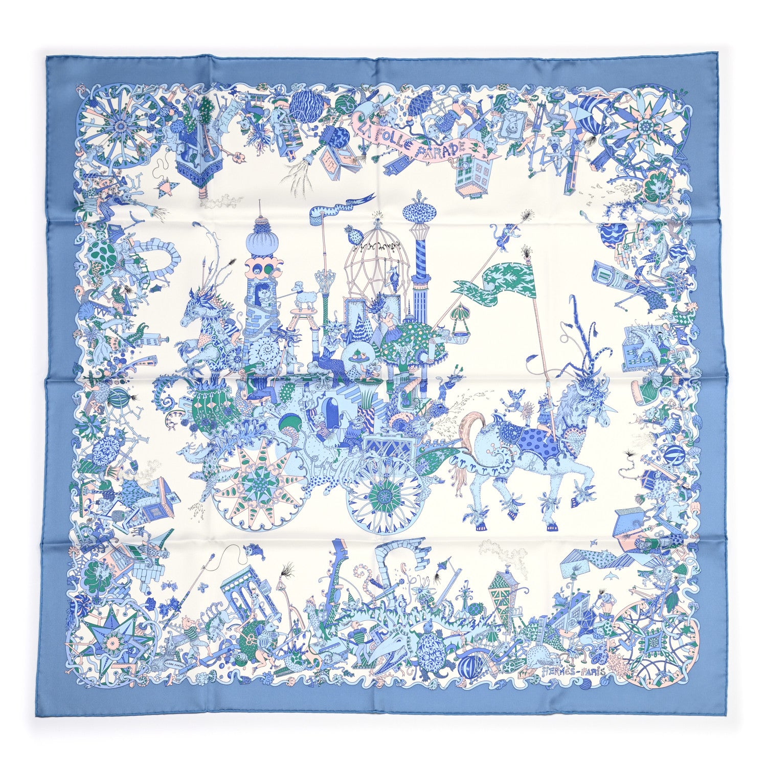 Hermes Silk Twill La Folle Parade Scarf 90 Bleu Jean White Rose 1 of 6