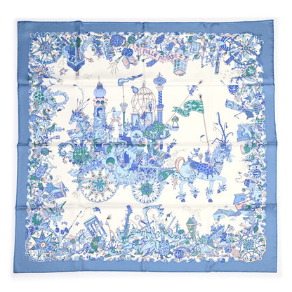 Hermes Silk Twill La Folle Parade Scarf 90 Bleu Jean White Rose 1 of 6