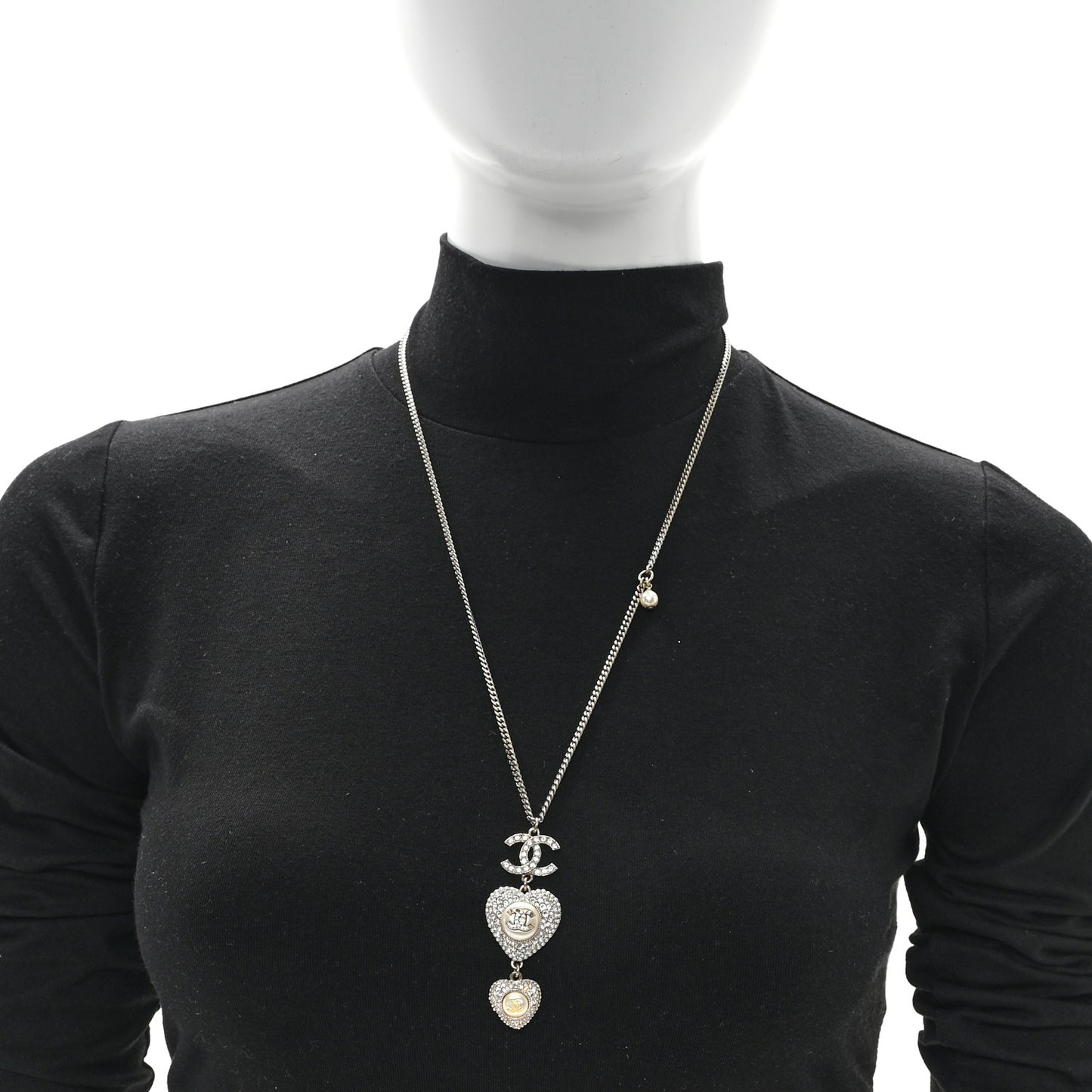 Crystal Pearl CC Heart Drop Pendant Necklace Silver