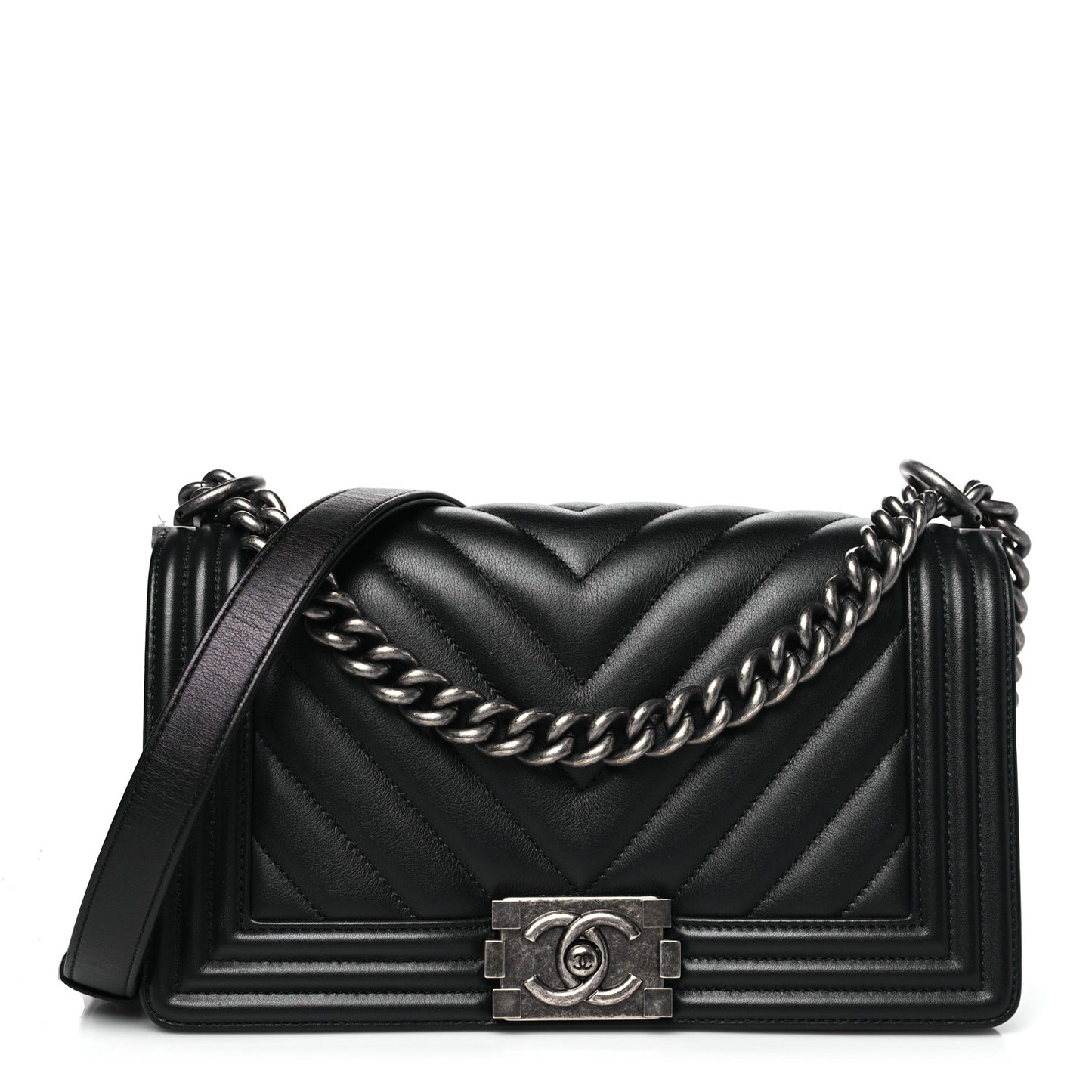 Calfskin Chevron Quilted Medium Boy Flap Black