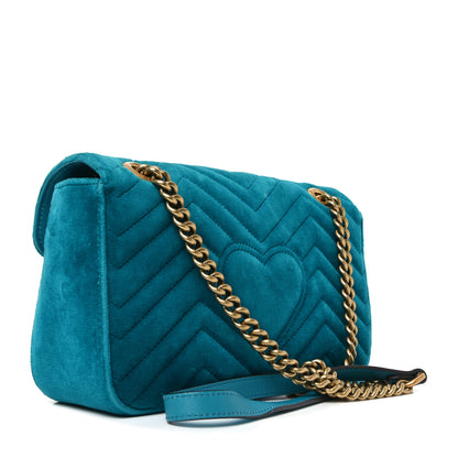 Gucci Velvet Matelasse Small GG Marmont Shoulder Bag Pavone Cyan 3 of 10