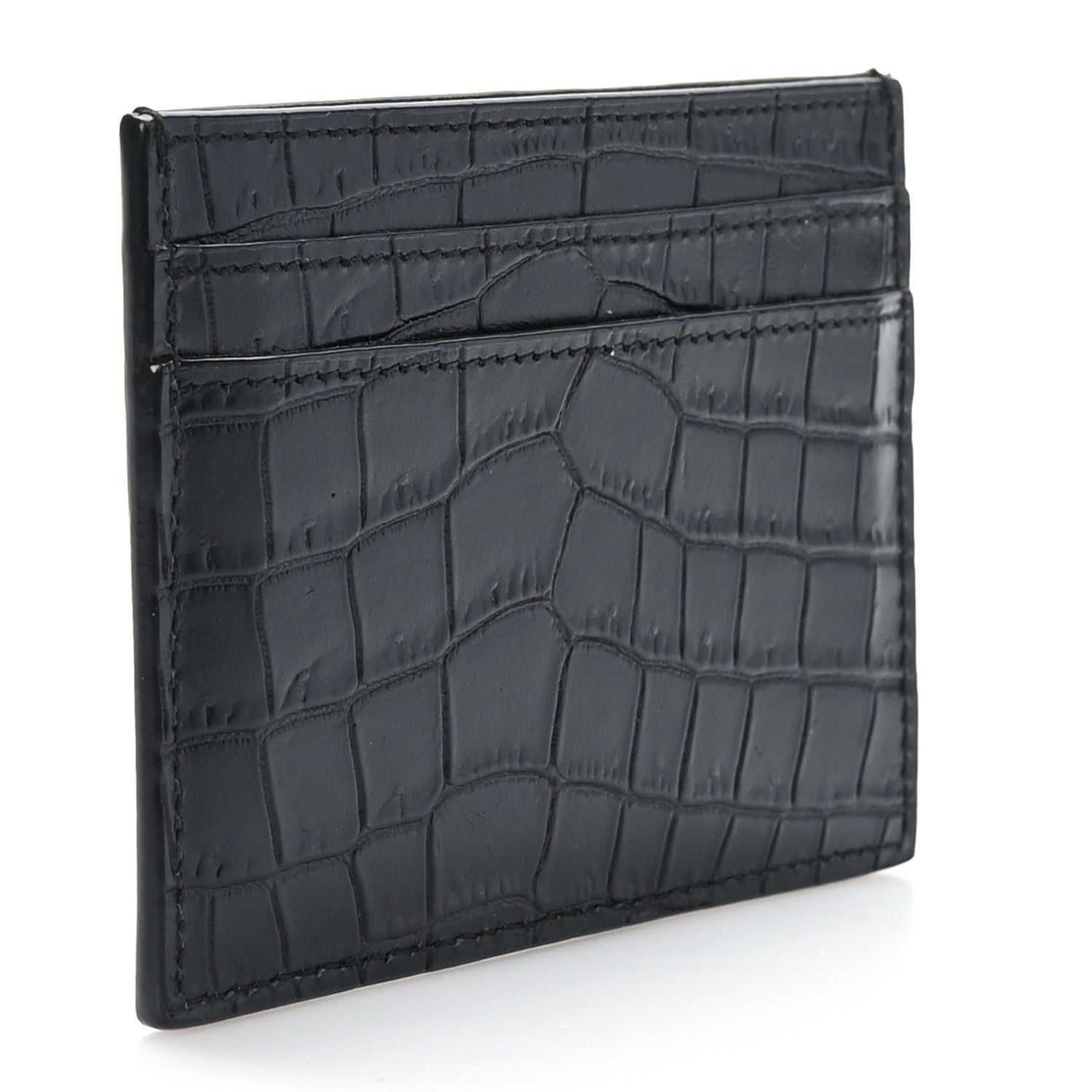 Saint Laurent Calfskin Crocodile Embossed Monogram Tiny Cassandra Credit Card Case Black 3 of 7