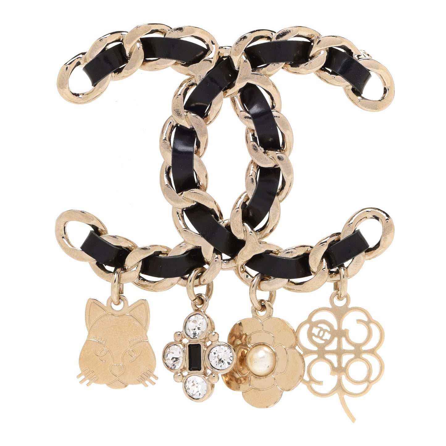 Lambskin Crystal Chain CC Charms Brooch Black Gold