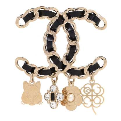 Chanel Lambskin Crystal Chain CC Charms Brooch Black Gold 1 of 5