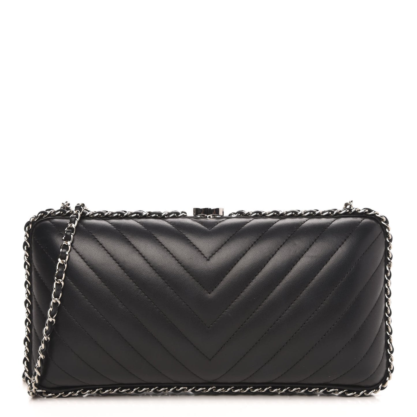 Lambskin Chevron Quilted Chain Around Clutch Black