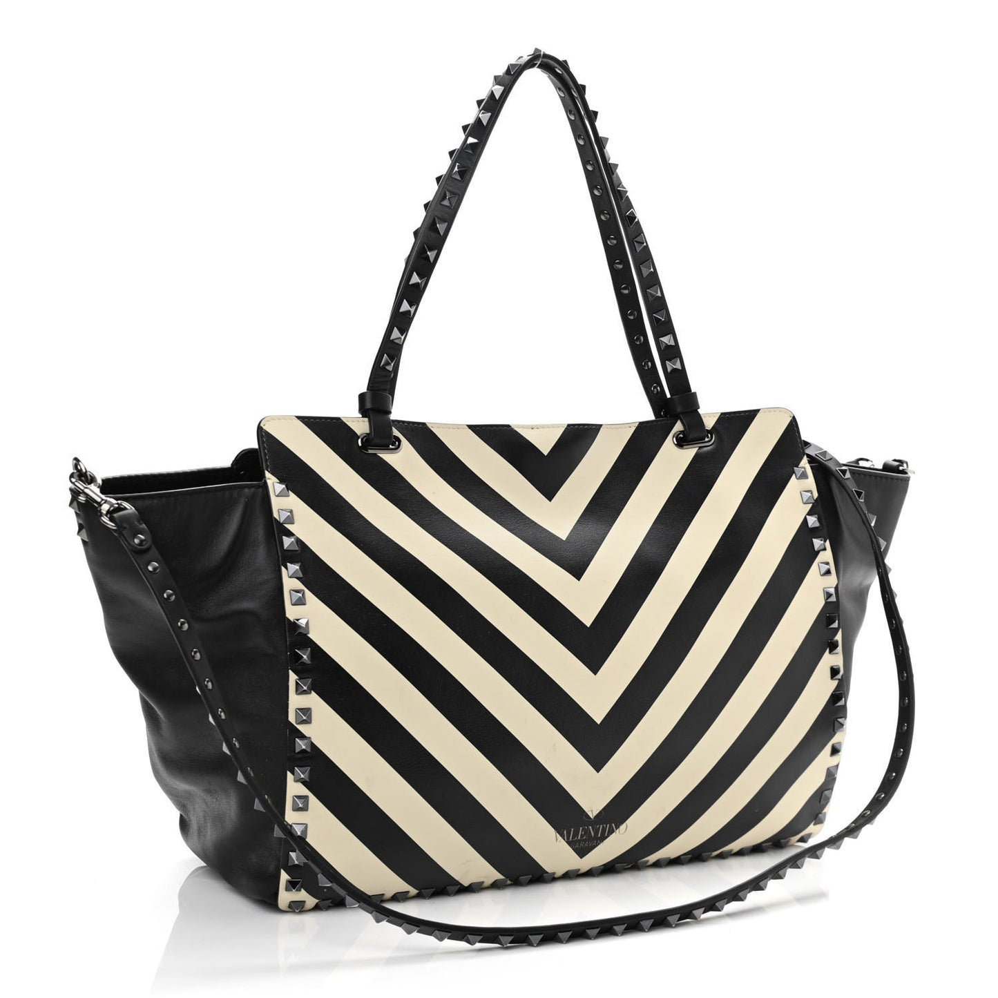 Calfskin Chevron Medium Rockstud Tote Light Ivory Black